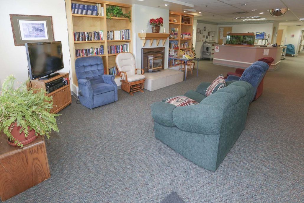 A cozy living room with a sofa, armchair, bookshelves, a television, and a fireplace.