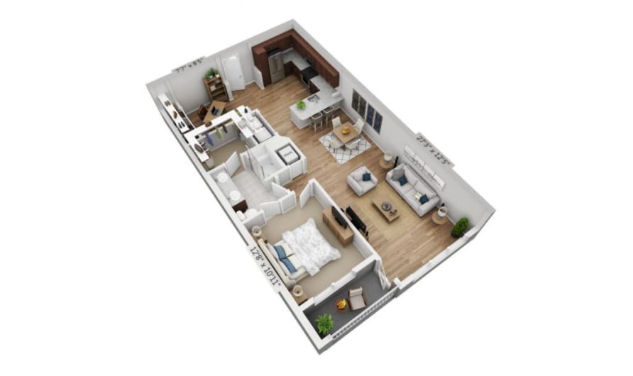 A 3D rendered floor plan of a one-bedroom apartment with a kitchen, living room, and bathroom.