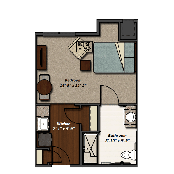 This is a floor plan of a small one-bedroom apartment featuring a bedroom, bathroom, and kitchen area.