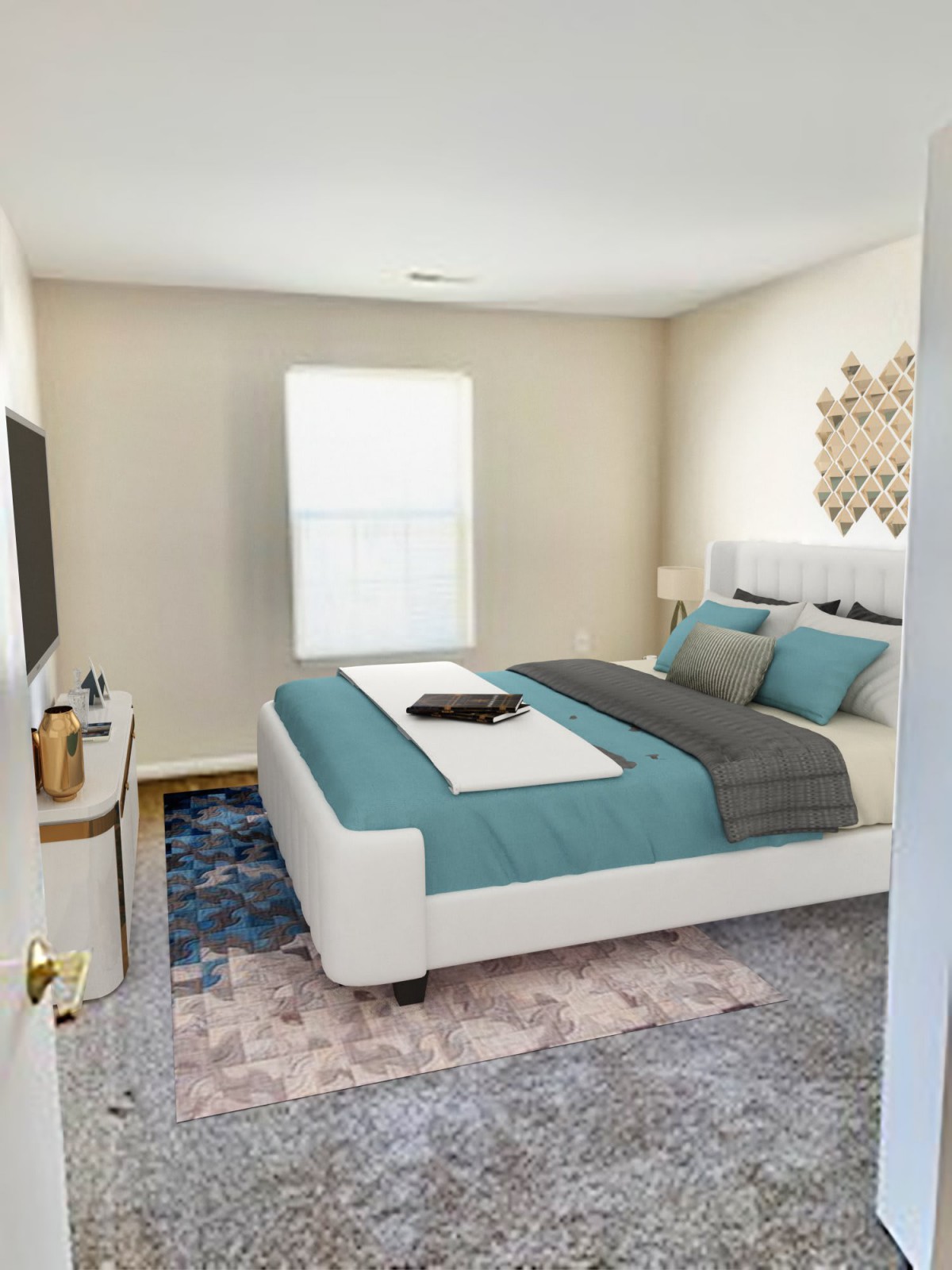 A modern and stylish bedroom with a neatly made bed, soft lighting, and elegant decor.