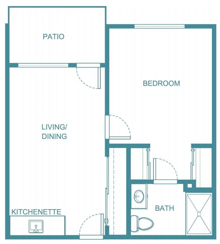 A simple floor plan of an apartment featuring a patio, living/dining area, kitchenette, bedroom, and bath.