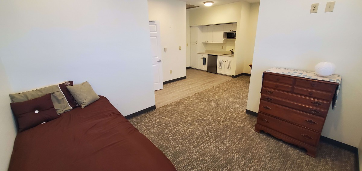 A cozy room with a kitchenette, carpeted flooring, and simple furniture.