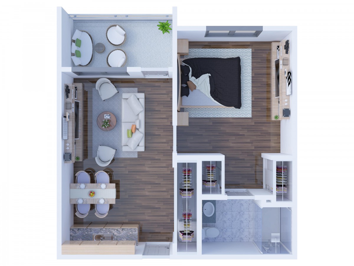 A modern 1-bedroom apartment floor plan featuring a living room, kitchen, and bathroom.