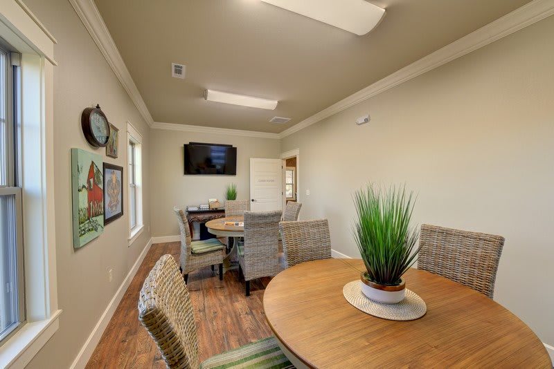 A neatly arranged conference room featuring a round table, chairs, and a plant centerpiece.