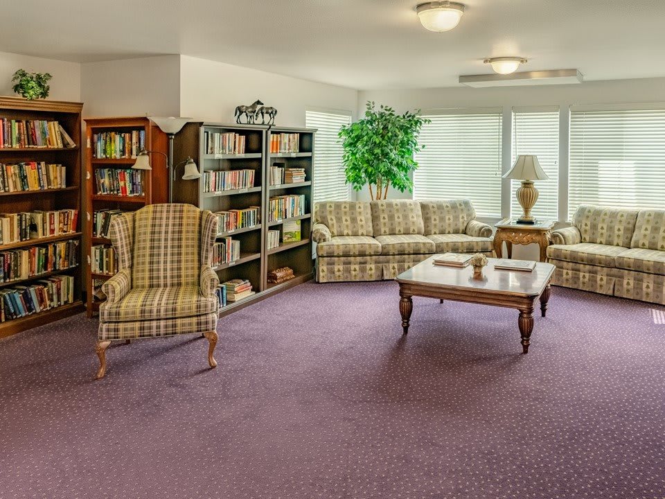 A cozy living room with bookshelves, armchairs, a sofa, and a coffee table on a carpeted floor.