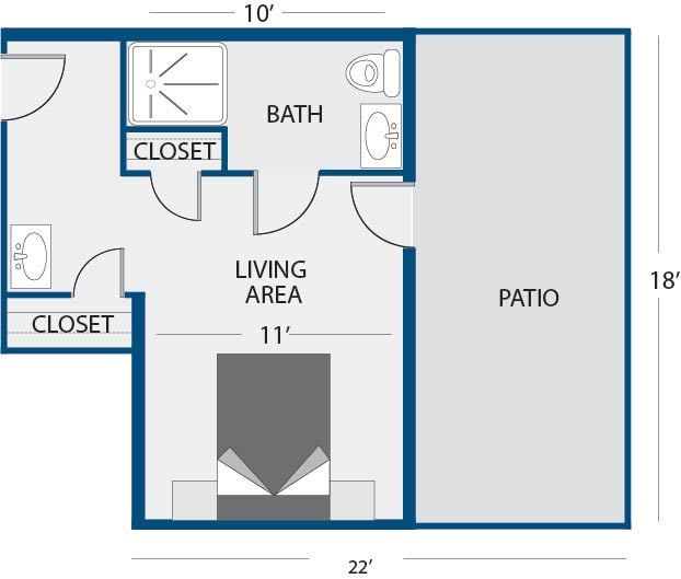 A simple floor plan of a one-bedroom apartment with a living area, bathroom, closets, and patio.
