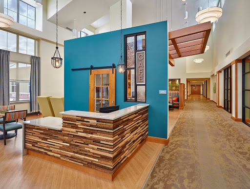A modern reception area featuring a striking blue wall and natural wood elements.