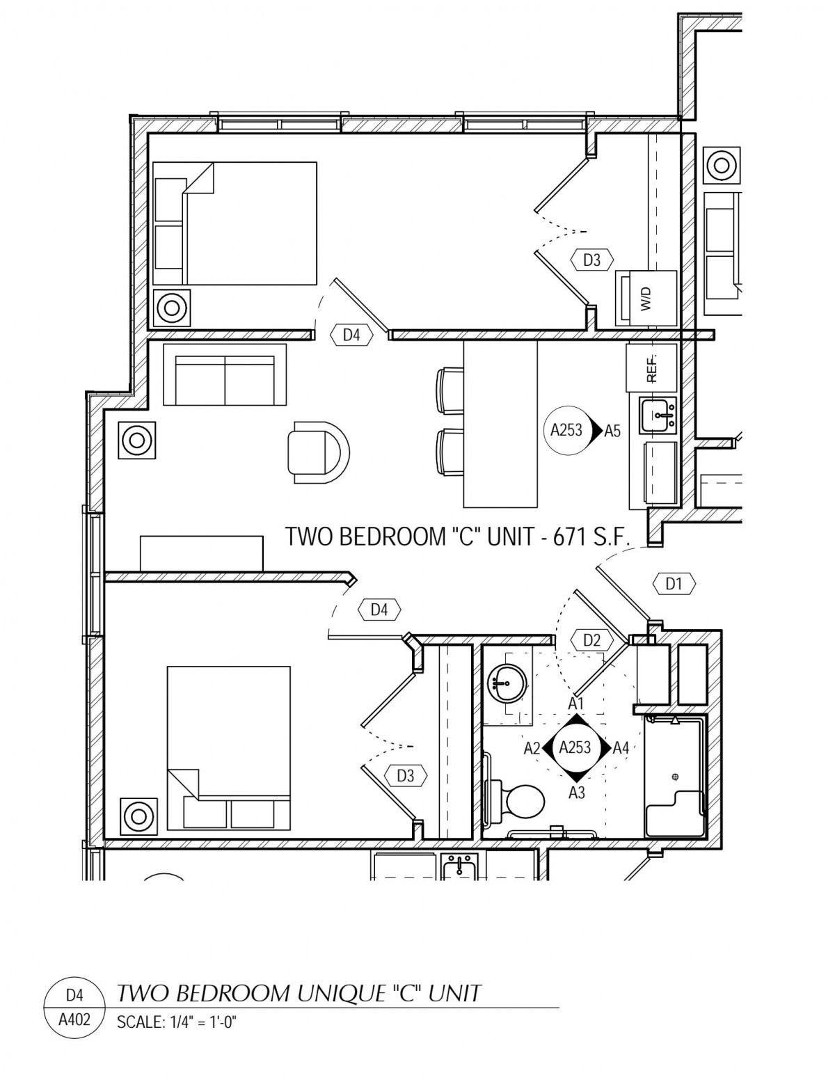 A two-bedroom apartment floor plan labeled as 'C Unit'.