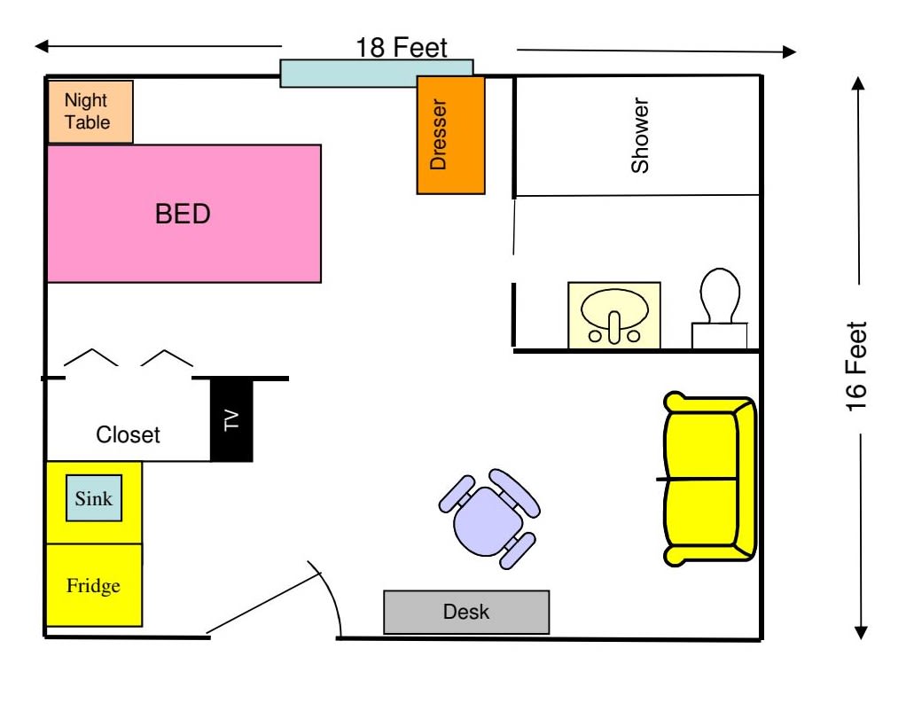 A floor plan layout of a bedroom with furniture arrangement and bathroom.