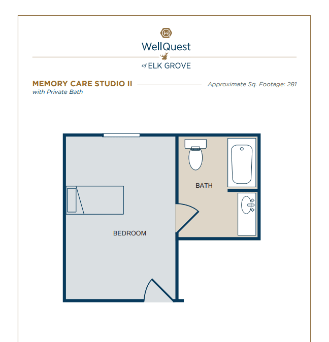 Floor plan for a studio apartment with bedroom and bath layout.