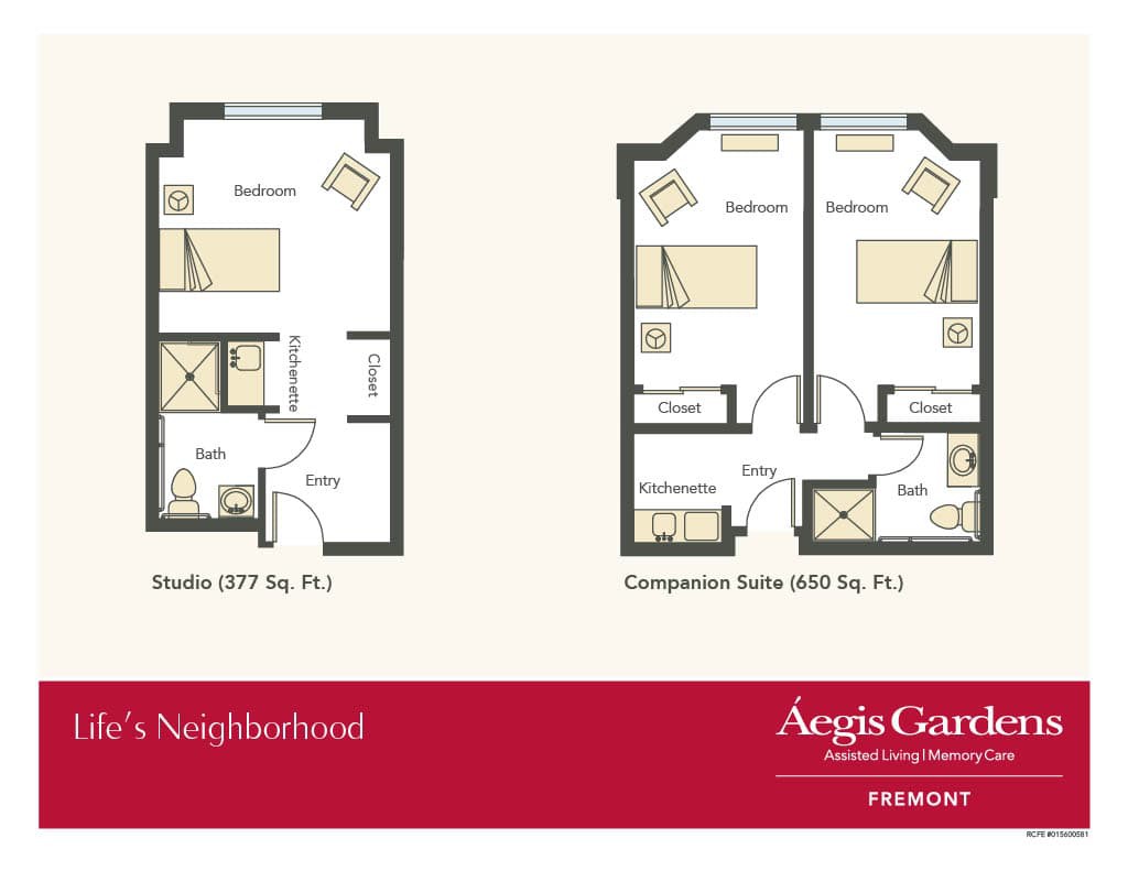 Floor plans of a studio apartment and companion suite at Aegis Gardens.