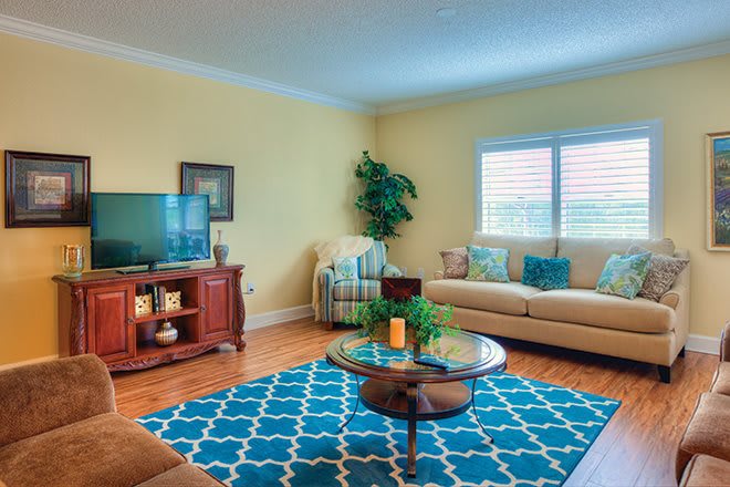 A cozy living room with a beige sofa, blue patterned rug, and a large window.