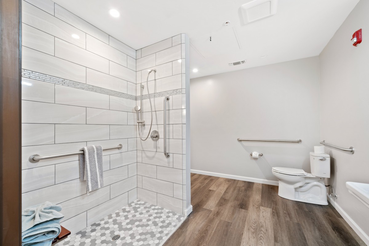 A modern, accessible bathroom with a large walk-in shower and wooden flooring.