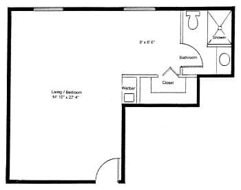Studio apartment floor plan with living/bedroom area and bathroom.
