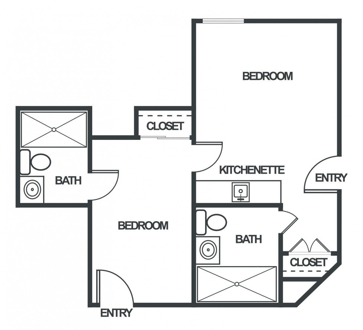 A floor plan of a two-bedroom apartment featuring a kitchenette and two bathrooms.