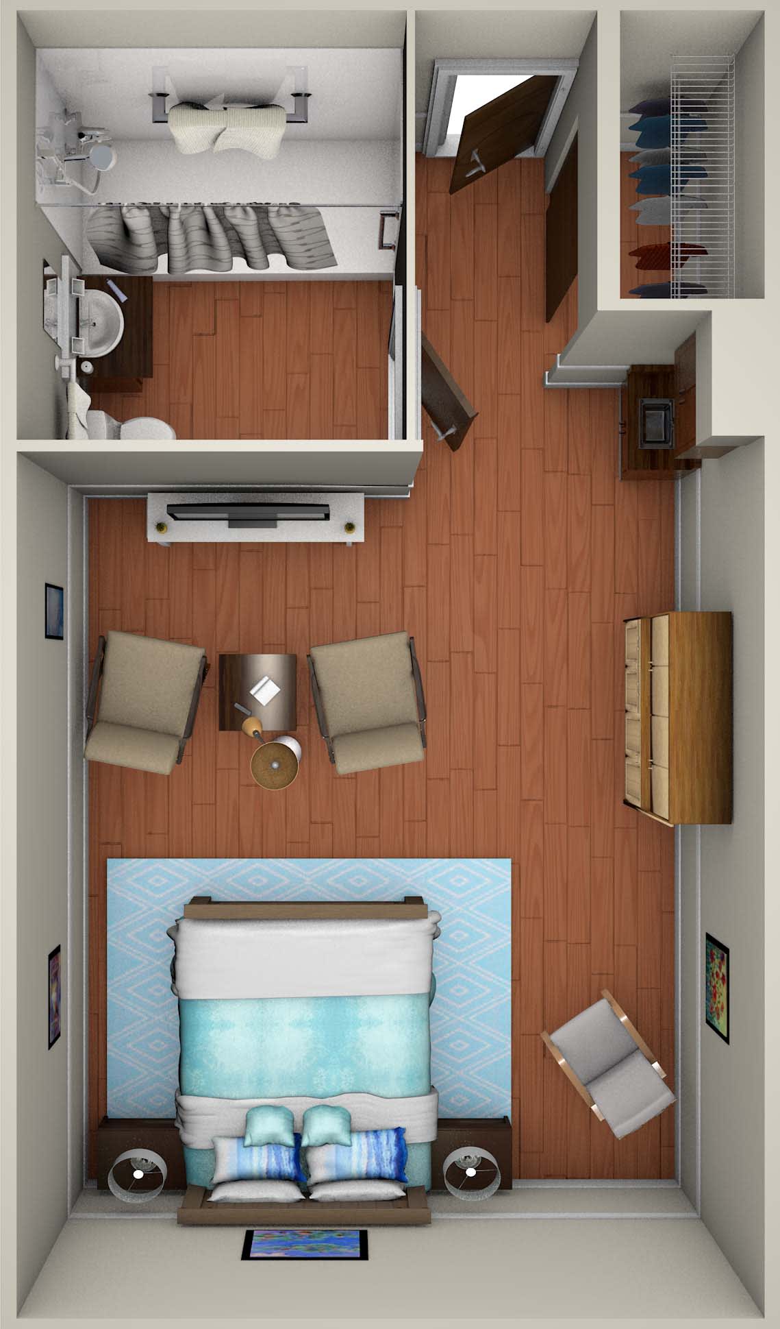 A top view of a bedroom layout featuring a bed, two chairs, and various pieces of furniture.