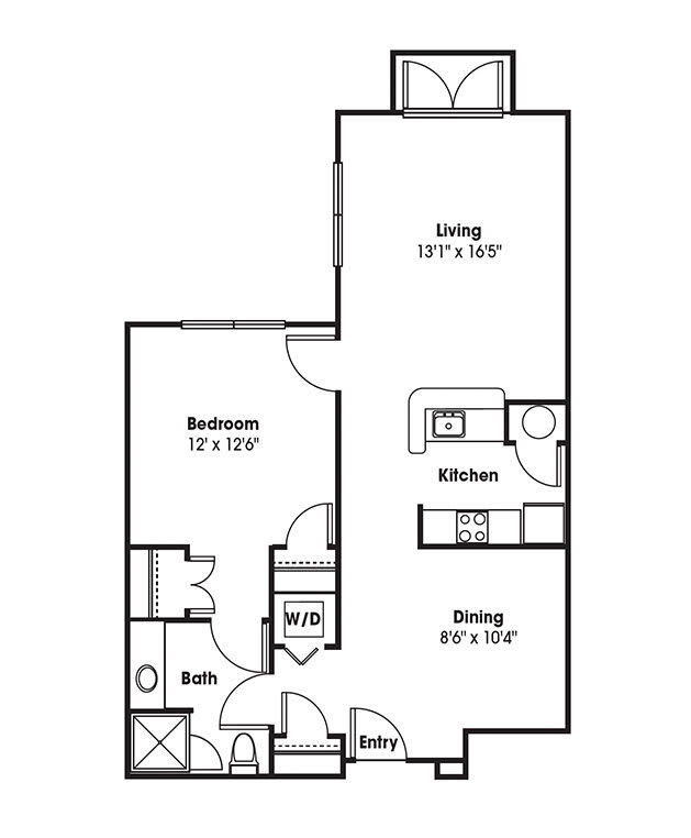 One-bedroom apartment floor plan with kitchen, dining area, and bathroom.