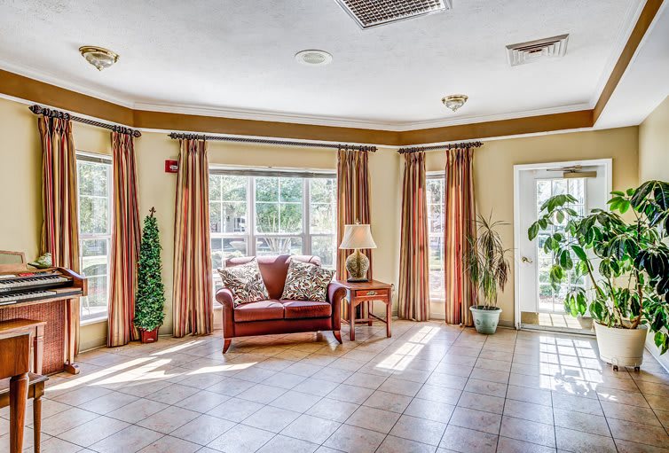 A spacious living room with large windows, a sofa, and plants, filled with natural light.