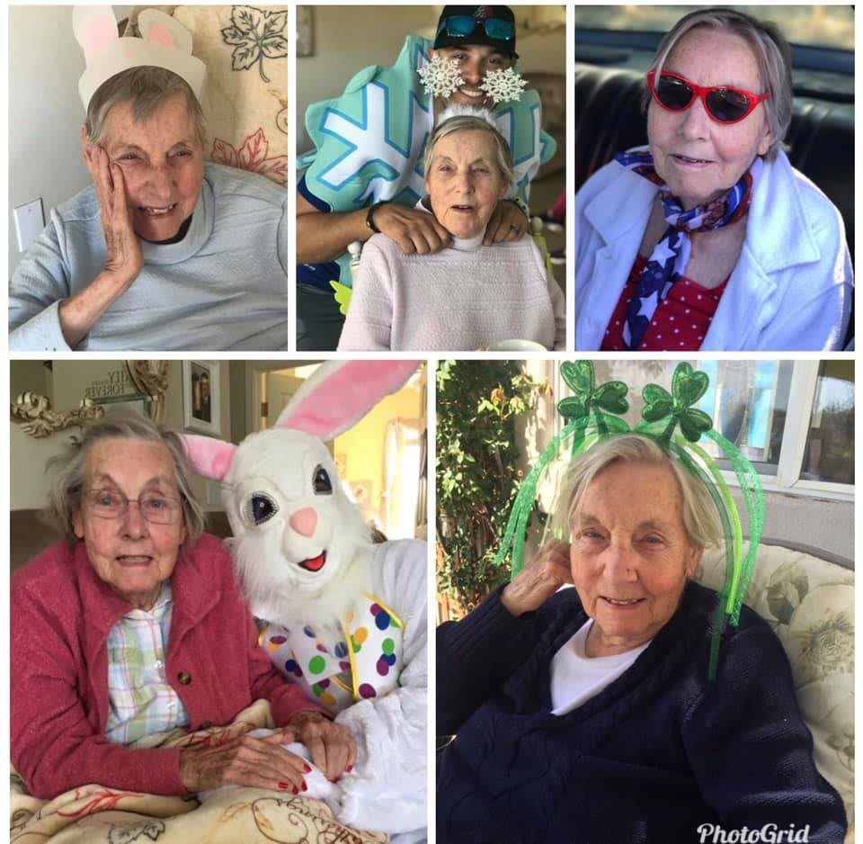 A collage of an elderly woman in various settings and festive attire.