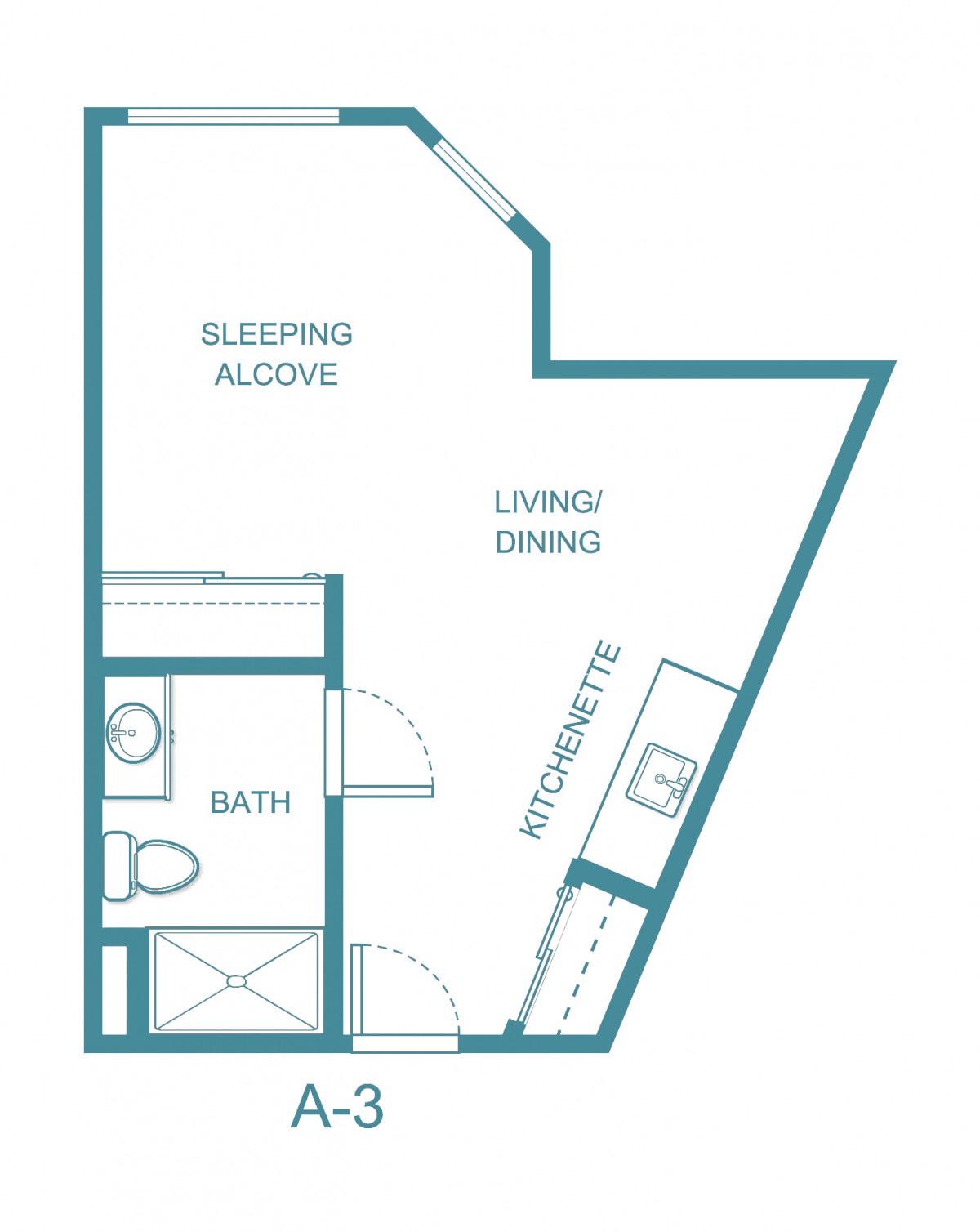 Studio apartment floor plan with a sleeping alcove, kitchen area, and bathroom.