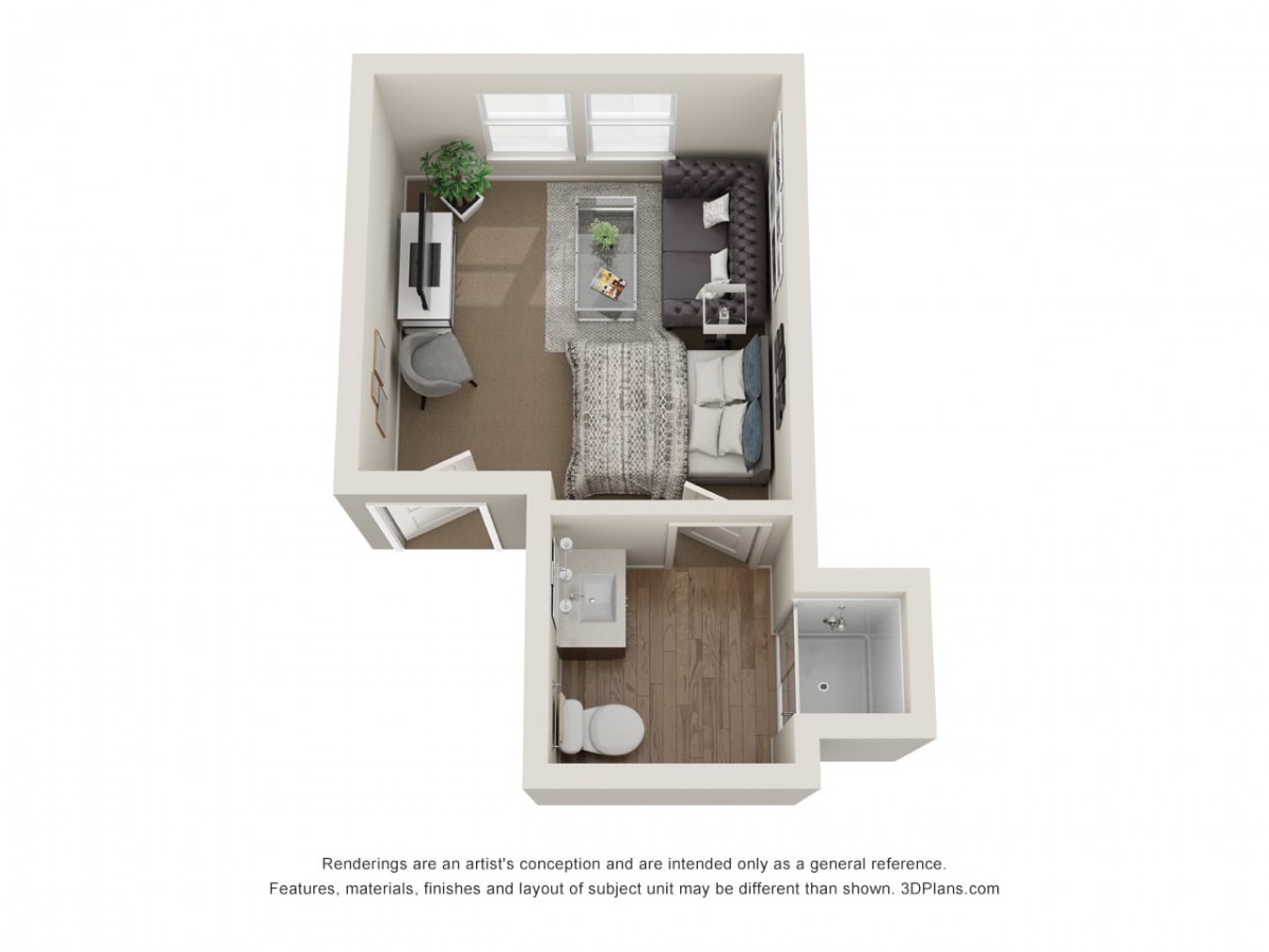 3D floor plan of a compact studio apartment featuring a bedroom and living area.