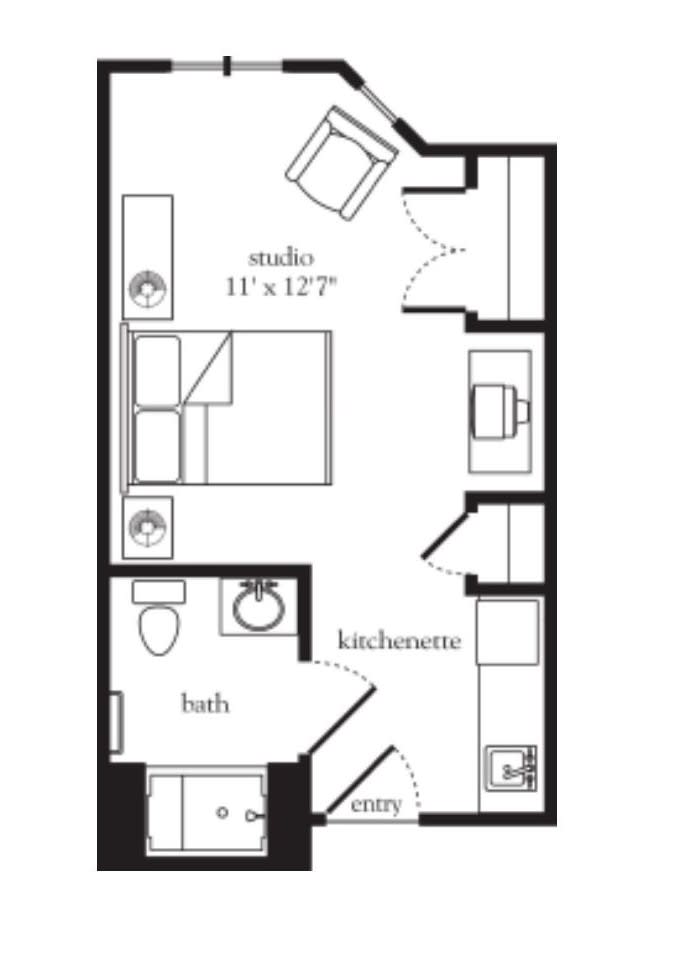 Studio apartment floor plan with a bathroom, kitchenette, and living/sleeping area.