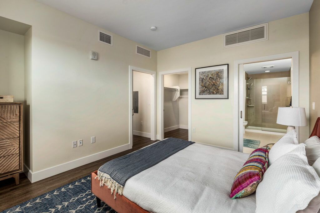 A modern bedroom featuring a comfortable bed, colorful pillows, and a cozy area rug, with adjacent access to a closet and bathroom.