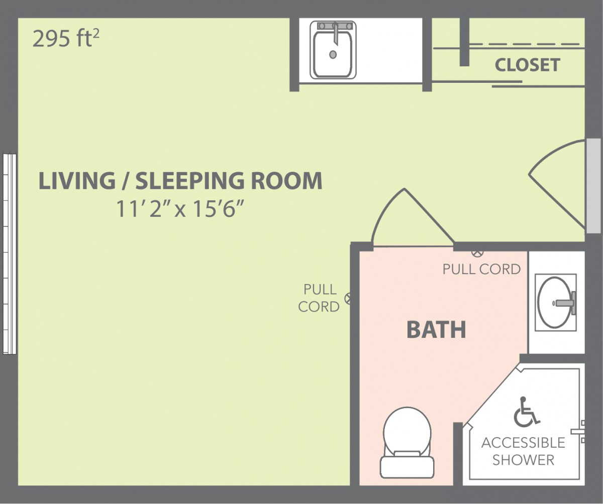 A floor plan of a studio apartment with a combined living/sleeping area and an accessible bathroom.