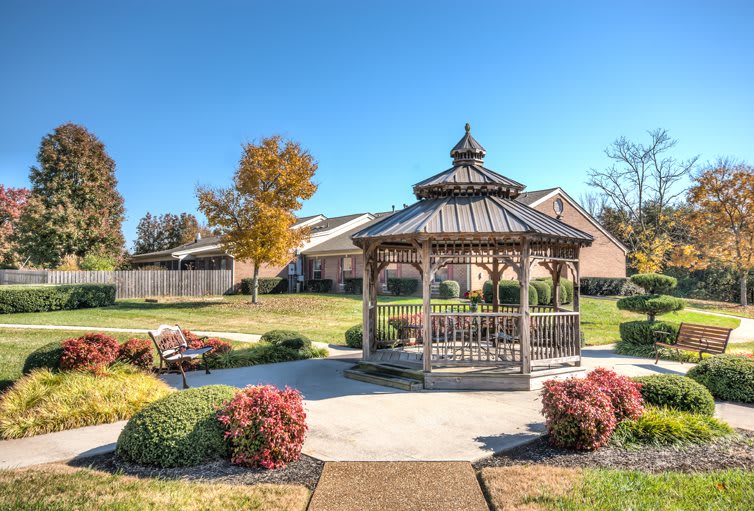 A peaceful park scene featuring a wooden gazebo surrounded by lush landscaping and a sunny sky.