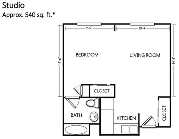 A floor plan of a studio apartment with a living room, bedroom, kitchen, and bathroom layout.