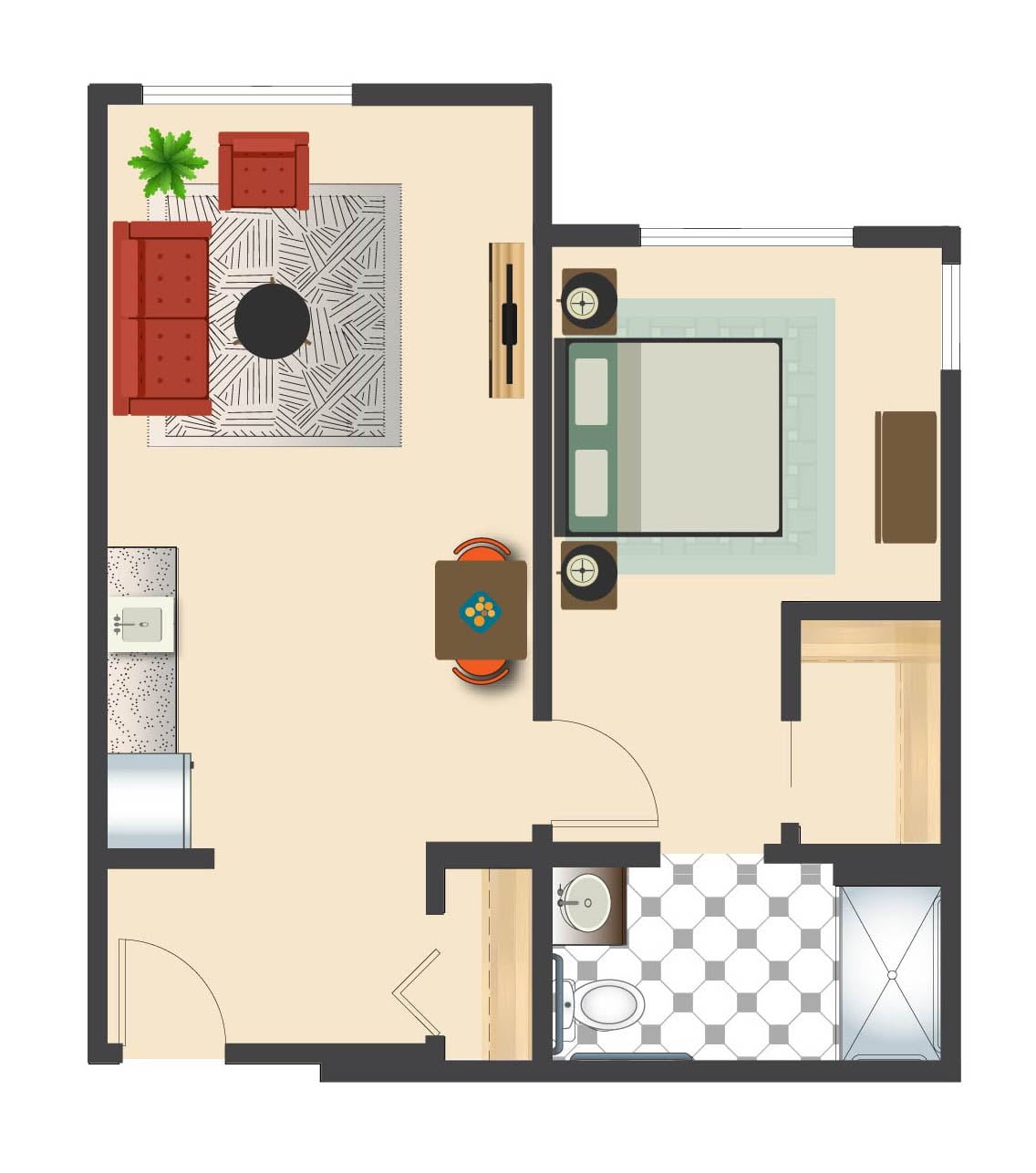 A compact floor plan of a one-bedroom apartment featuring a living room, kitchen, and bathroom.