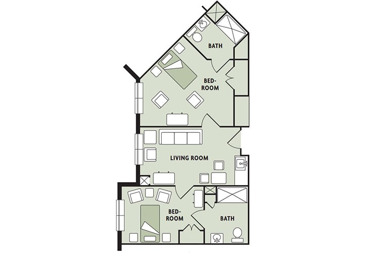A floor plan illustration of a two-bedroom apartment with labeled rooms including a living room, kitchen, and bathrooms.