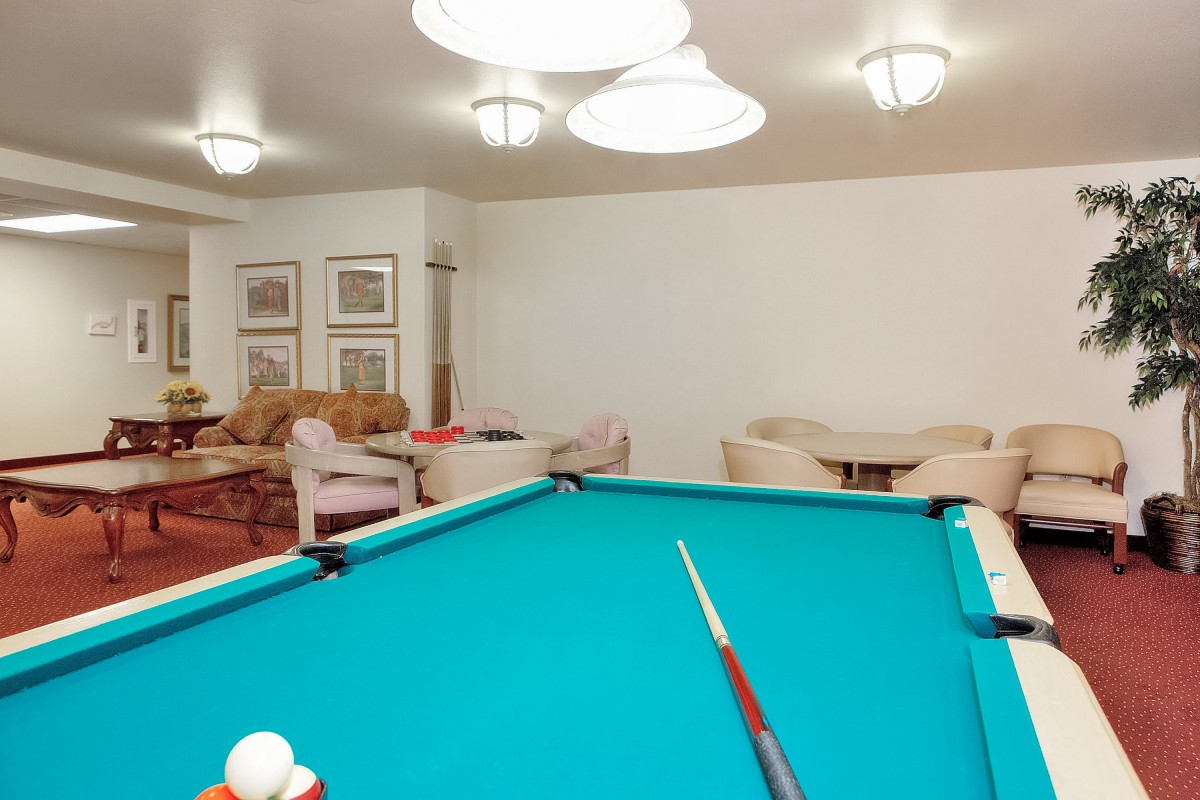 A cozy game room featuring a pool table and comfortable seating area.