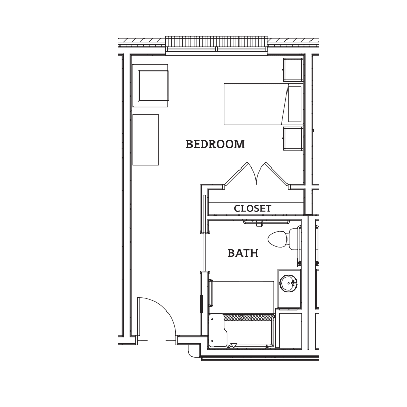 A floor plan of a one-bedroom apartment featuring a bathroom and closet.