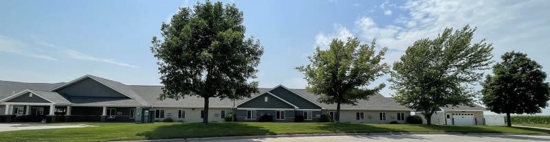 A suburban house with a gable roof, flanked by two trees and set under a clear blue sky.