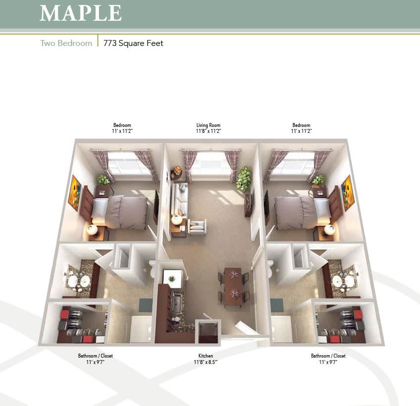 A detailed floor plan of a Maple apartment featuring two bedrooms, a shared living space, a kitchen, and a bathroom.