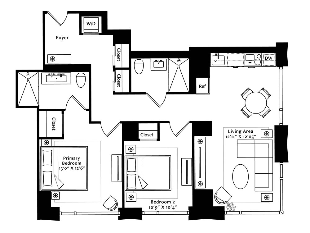A detailed floor plan of a two-bedroom apartment featuring a kitchen and living room.