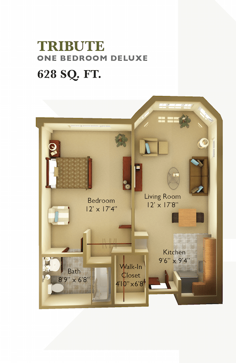 A 628 sq. ft. apartment floor plan featuring a bedroom, living room, kitchen, and bathroom.