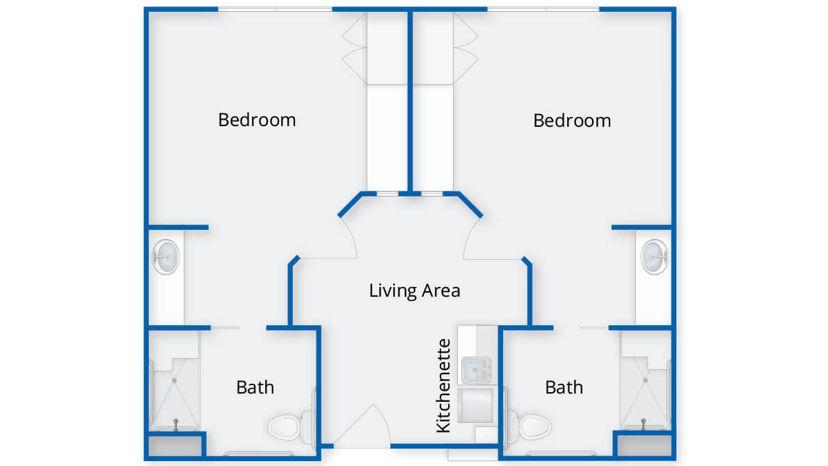 A floor plan featuring two bedrooms, two bathrooms, and a central living area.