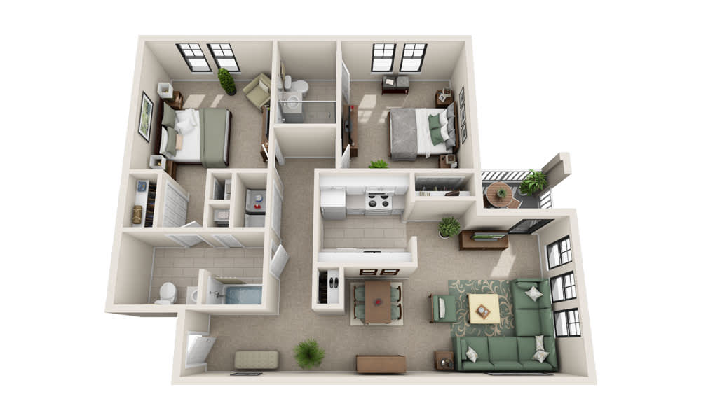 Spacious two-bedroom apartment floor plan with a cozy living room and kitchen.