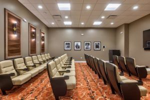 A small theater with rows of comfortable seating and framed pictures on the wall.