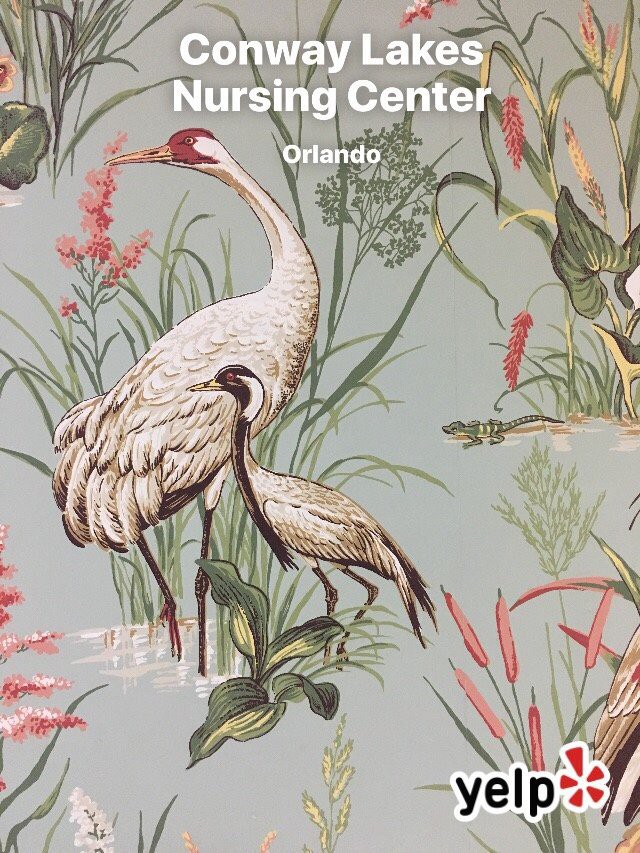Illustrated cranes amidst floral patterns.