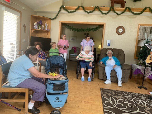 A group of elderly individuals gathered in a cozy room, some seated and others standing, with decorations in the background.