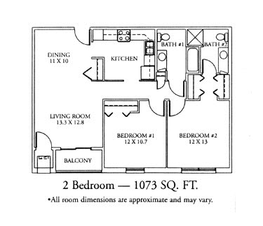 Floor plan of a 2-bedroom apartment measuring 1073 square feet, featuring a kitchen, dining and living rooms, bathroom, and balcony.