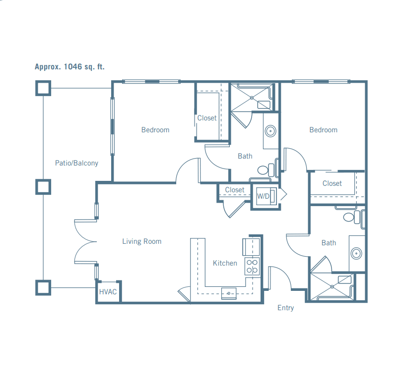 A blueprint of a residential floor plan featuring two bedrooms, a living room, kitchen, and bathrooms.