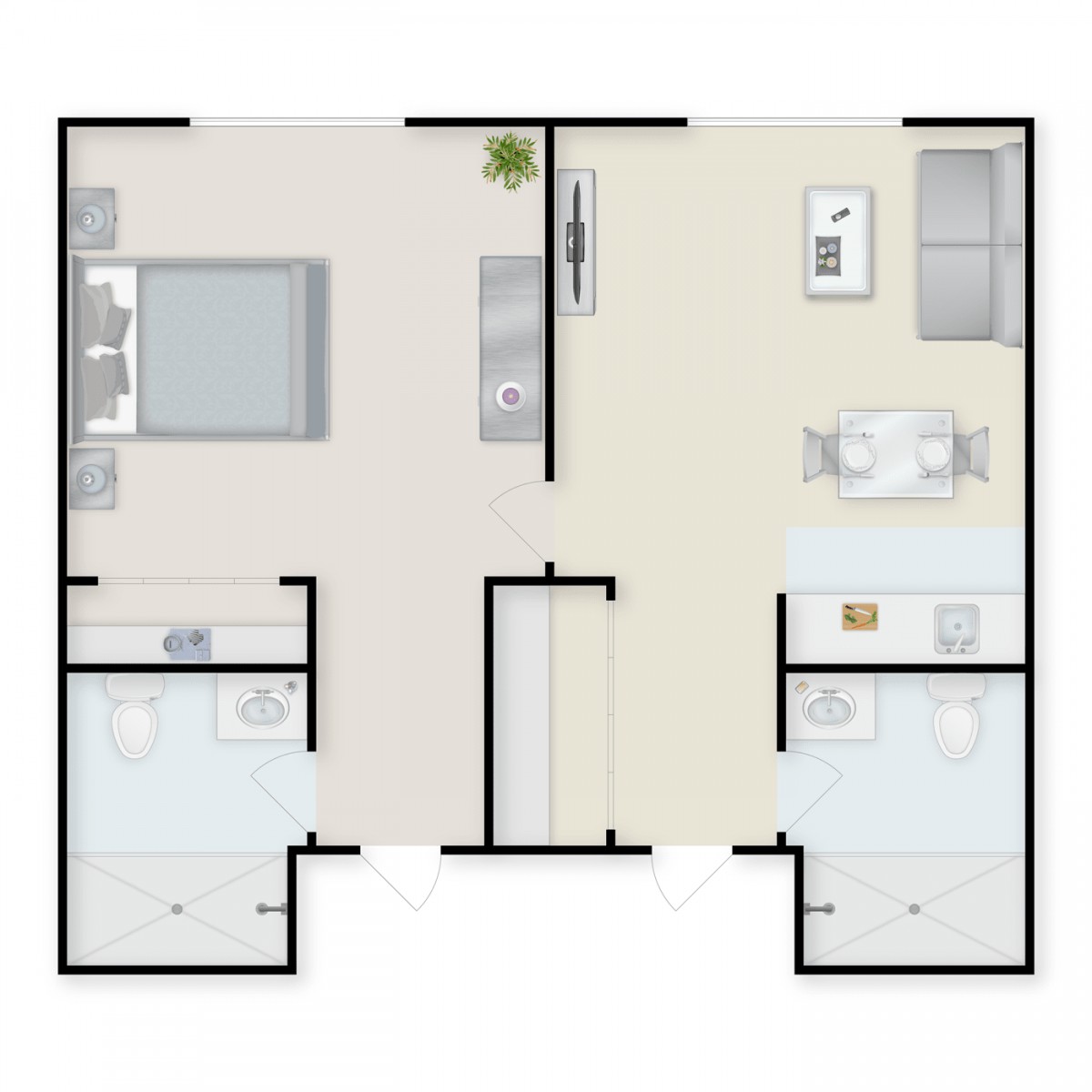 A floor plan of a two-bedroom apartment with a living area, kitchen, and bathrooms.