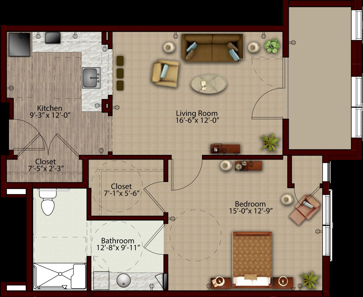 A detailed floor plan of a one-bedroom apartment featuring a living room, kitchen, dining area, and bathroom.