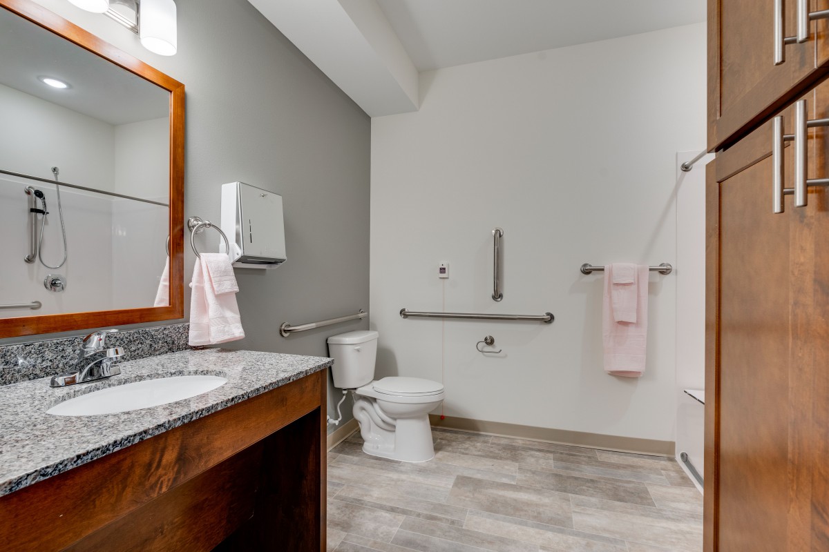 An accessible bathroom equipped with grab bars, a toilet, and a sink area.