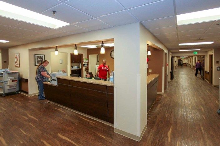 A reception area with a desk and people in an office setting.