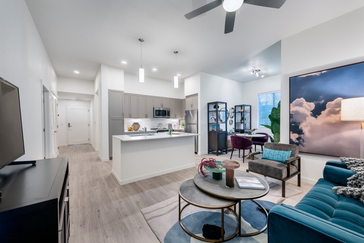 A modern apartment featuring an open floor plan with a stylish living room and kitchen.